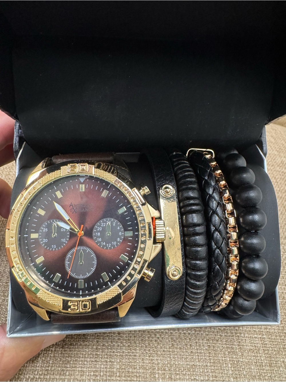 American Exchange Men’s Quartz Analog-Digital Watch Blue Leather Strap Gold Box
